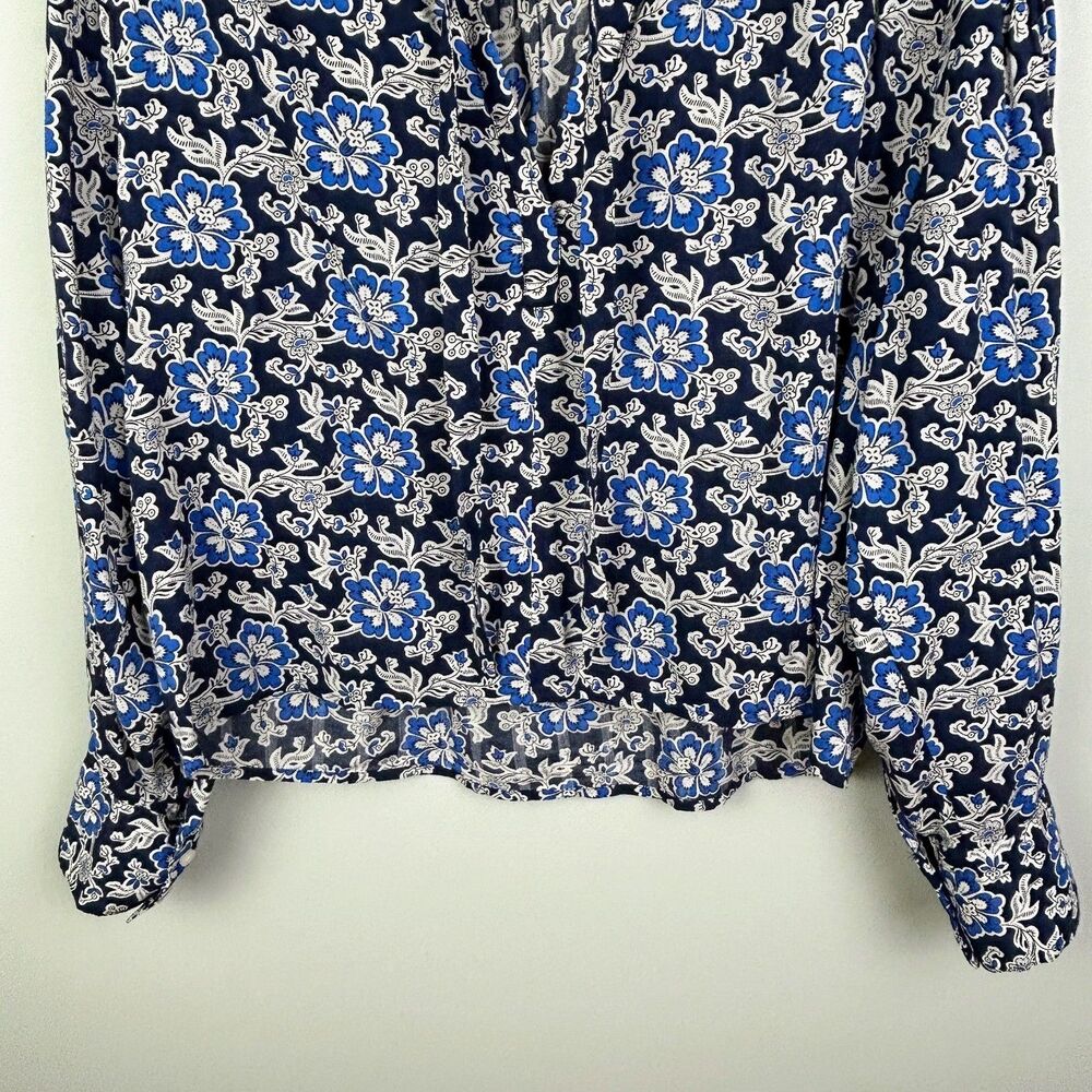 J.Crew V Neck Tie Top Floral Cotton Blend Dobby Blue Floral Long Puff Sleeve M - Picture 5 of 14